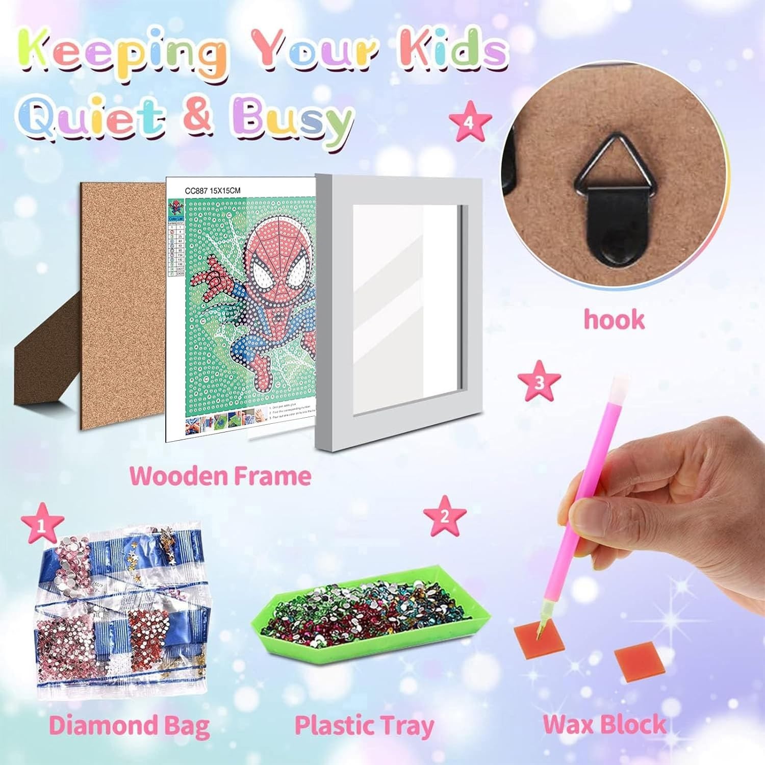 Spiderman Cartoon Diamond Art Kit w/ Frame, Easy Gem Kit for Kids 4-12, 7x7in
