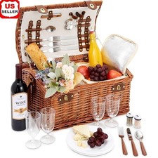 Complete Picnic Basket Set 4 W/ Insulated Cooler Wicker Dining Utensils New