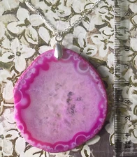 Pink Agate Slice Pendant+Necklace Silver Plated