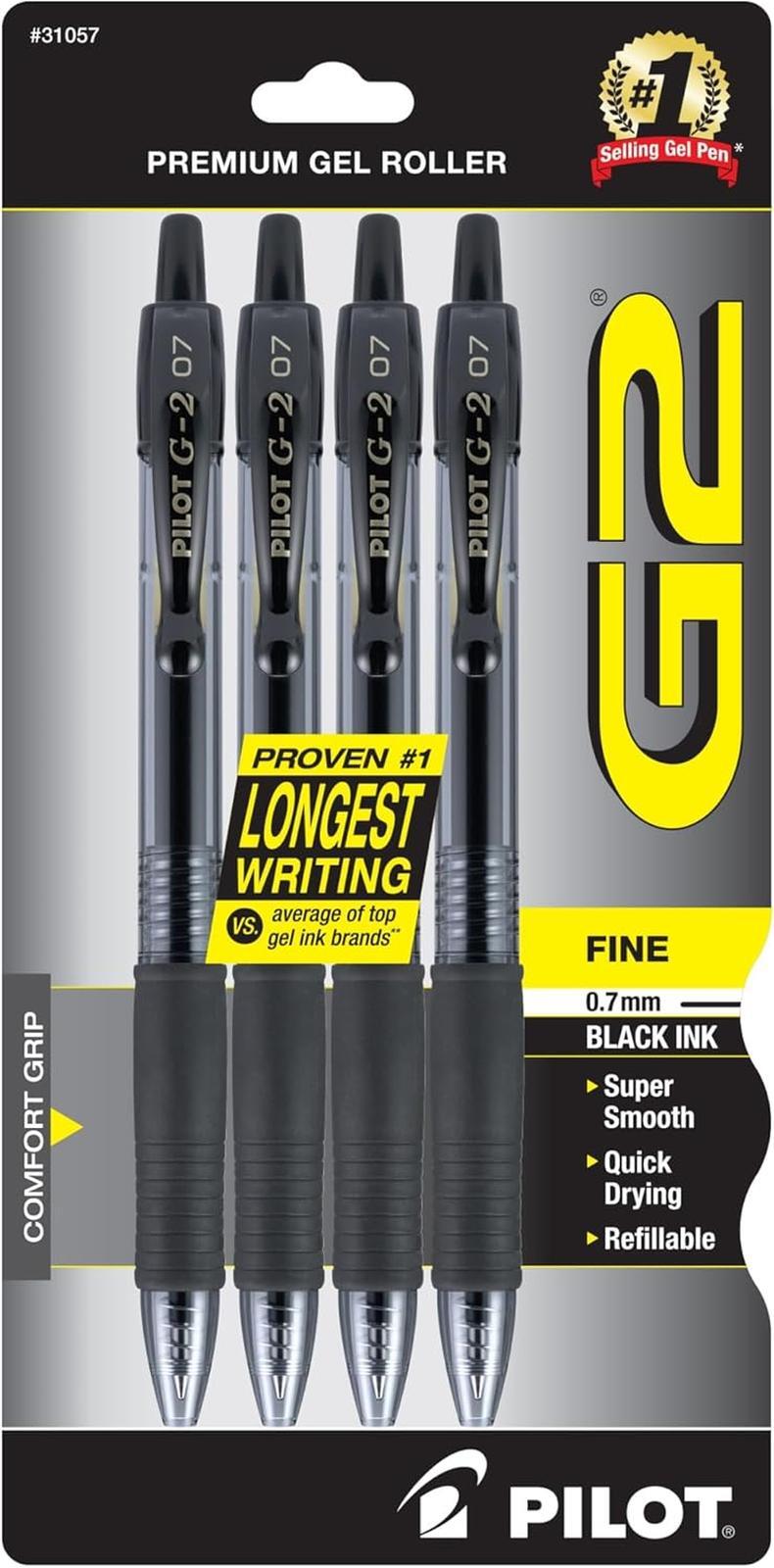 Pilot G2 Premium Gel Roller Pens Fine Point 0.7 Mm Black Pack of 4