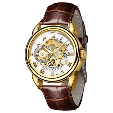 Luxury Men's Automatic Mechanical Watch Gold Dial Chronograph Leather Strap Gift