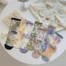 5 Pack Women's Sheer Ankle Socks Floral Lace Trim Crystal Silk Short Socks