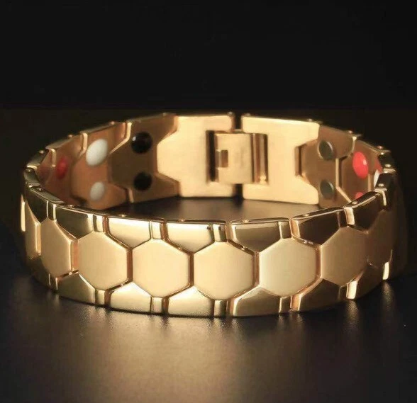 breit Gold Schwarz Ionen Armband Edelstahlkette Armkette  Herren Magnetarmband - Bild 3 von 4