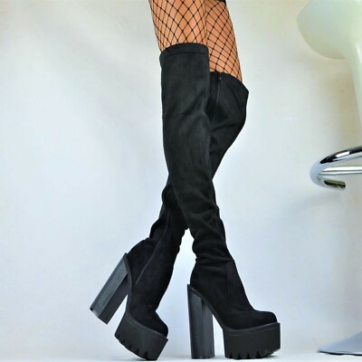 OVERKNEE STIEFEL DAMENSCHUHE MIT BLOCKABSATZ PLATEAU PARTY HIGH HEELS