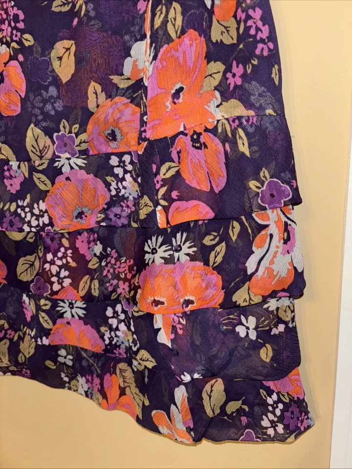 Falda Tracy Reese NY Talla S Púrpura 100% Seda Floral En Capas Pull On Fairy Mini Foto 2 de 4
