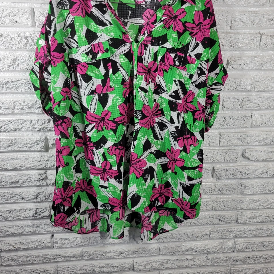 Kim Rogers Women Top 3X Plus Collar Button Up Green Pink Floral Sheer Polyester - Image 4 of 4