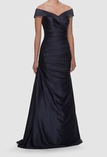 495 La Femme Women's Blue Off-Shoulder Ruched Satin Trumpet Gown Dress Size 8