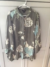 Citron Santa Monica Silk Button Front 3/4 Sleeve Tunic Top Size 2X Green Floral