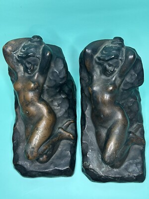 1914 Antique Salvatore Morani Signed Bronze Nude Lady Bookends