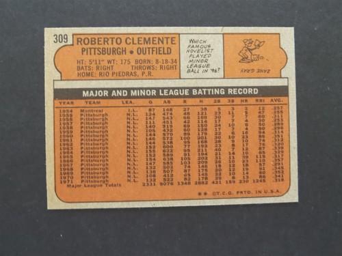 1972 TOPPS SET BREAK #309 ROBERTO CLEMENTE NRMT++ - Picture 2 of 2