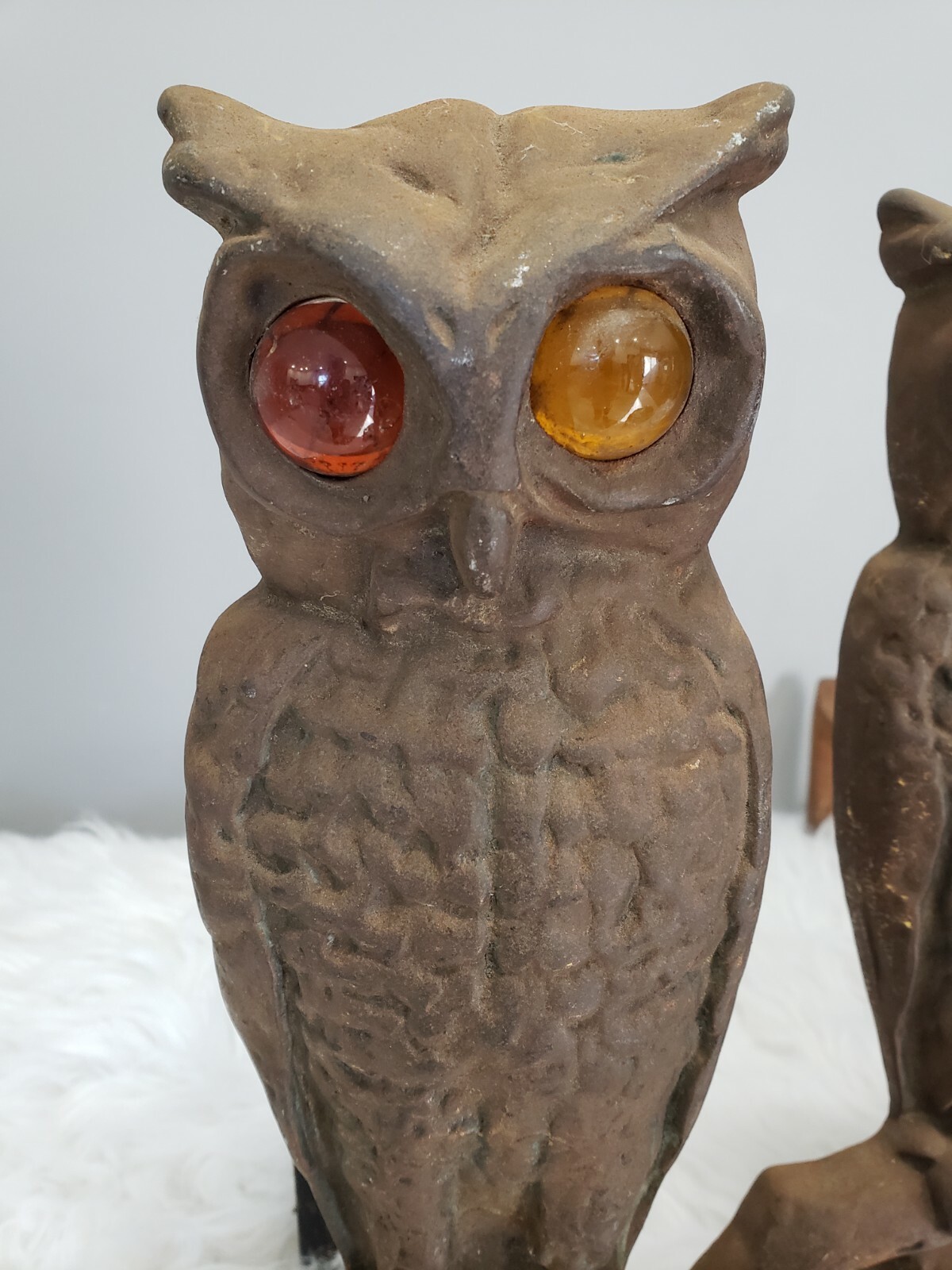 Antique Owl Andirons Glass Eyes Fireplace Display Halloween Decor CAST