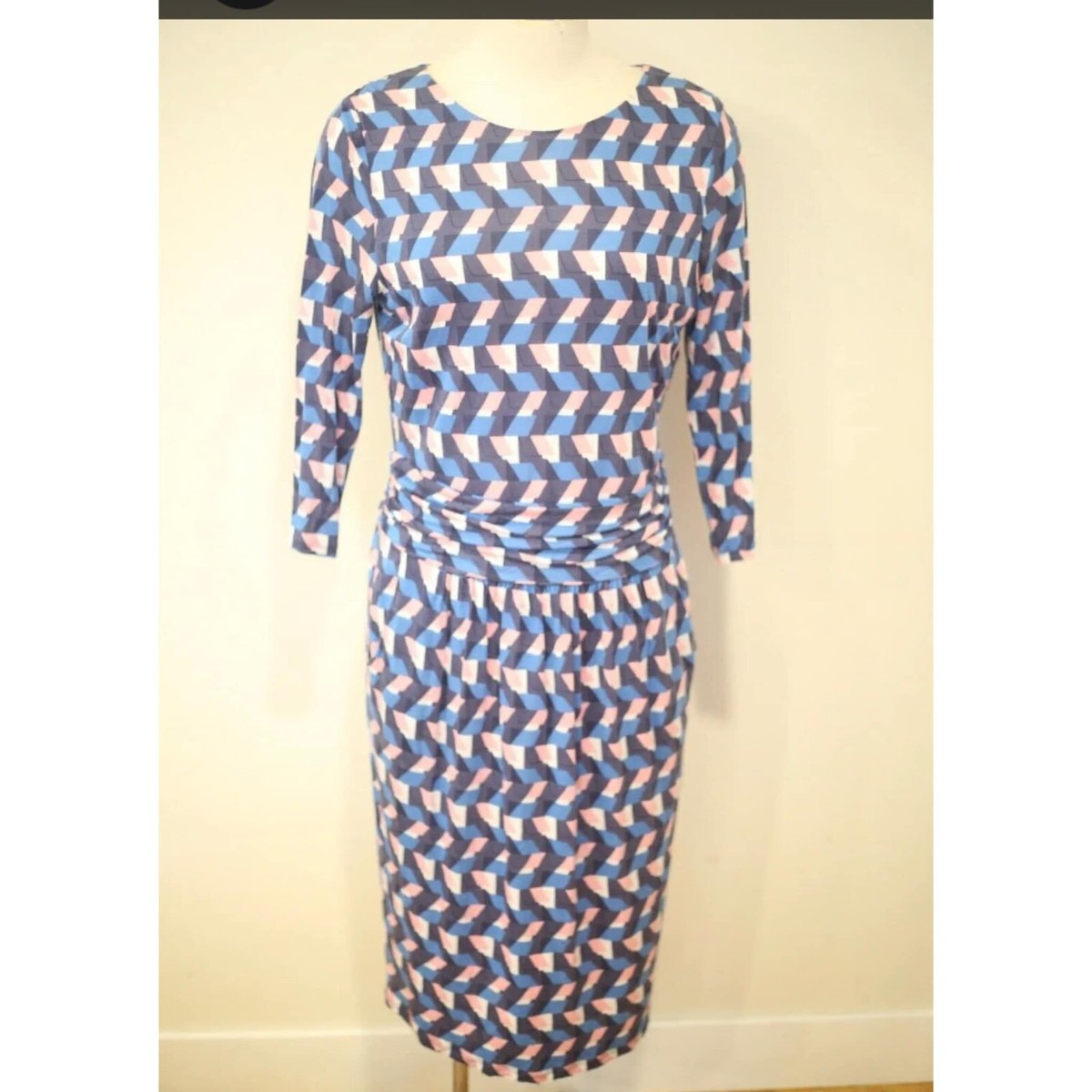 Boden Dress Blue Pink Geometric Print Ruched Waist 3/4 Sleeve