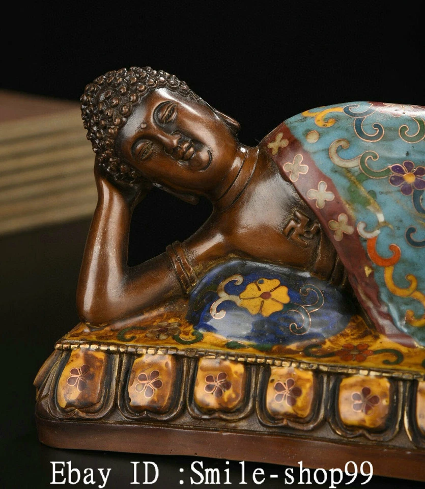 Estatua de Buda Durmiente Shakyamuni de bronce esmaltado Cloisonne de China antigua de 12,5" Foto 2 de 4