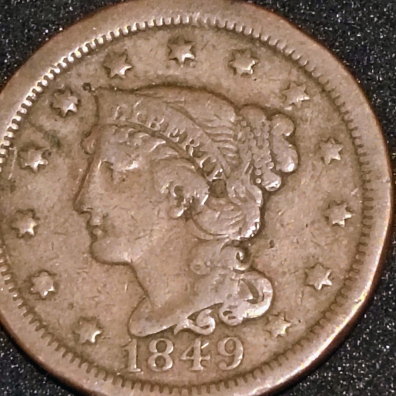 1849 1C Small Date BN Braided Hair Cent