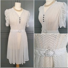 PEARL LOWE Vintage 1940s WW2 Style Cream Polka-dot Party Tea Dress Size 14