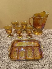 Vintage Indiana Glass Set Amber Marigold Harvest Grape Pitcher, 5 Glasses, Tray