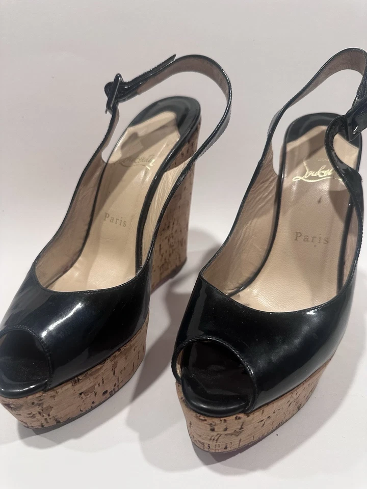 Christian Louboutin Black Patent Leather UNE PLUME SLING 120 Wedge Platform 37.5 - Image 2 of 4