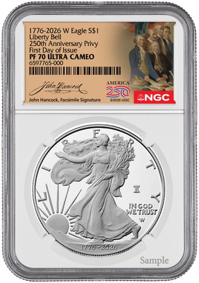 #ad 2026 W Silver Eagle Liberty Bell 250 Privy FDI PF70 John Hancock 1776 2026 $395.00