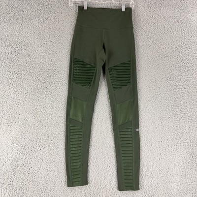Alo Yoga Moto Leggings Womens Small Hunter Green High Waist Mesh Ribbed Panels