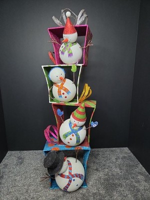Vintage Pier 1 Snowman Glitter Present Stack Christmas Centerpiece RARE! READ!