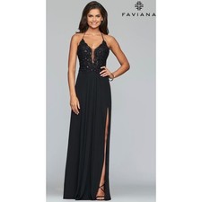 Faviana Black Beaded Sequin Lace Up Back Prom Formal Gown Slit Maxi Dress Sz 2