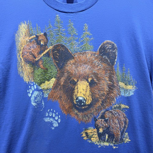 Camisa De Colección Oso Vida Silvestre Para Hombres Grande Azul Hecha en EE. UU. Gráfico Escena de Naturaleza Años 90 - Imagen 2 de 8