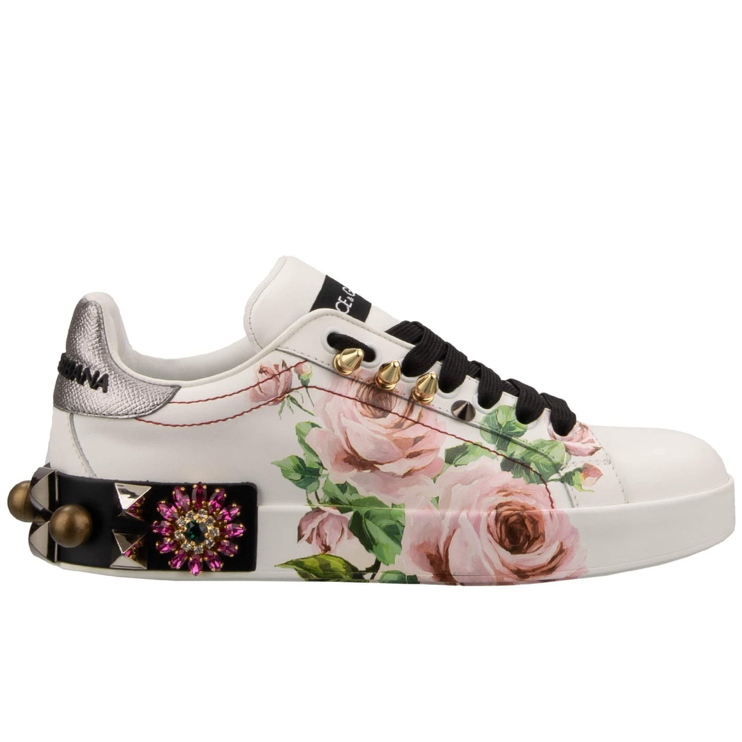 DOLCE & GABBANA Rose Crystal Pearl Studs Sneaker Shoes PORTOFINO White Pink