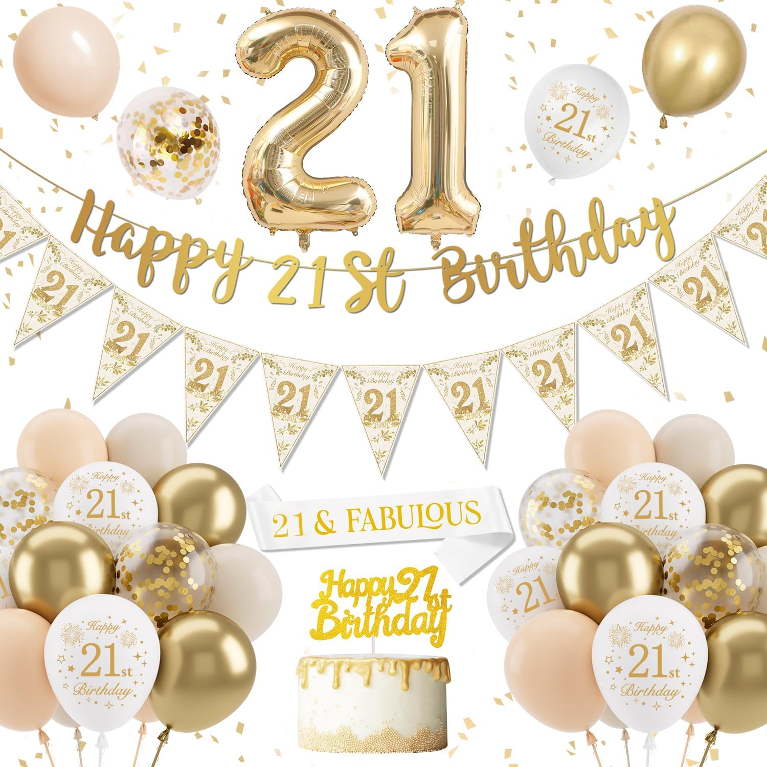 Sand White Gold 21St Birthday Decorations - Balloons, Banner, Cake Topper & Conf