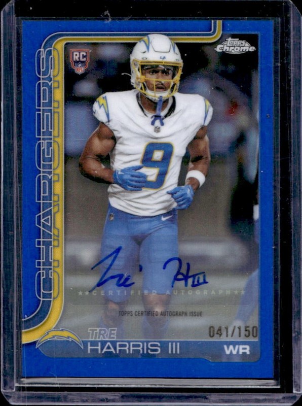 2025 Topps Chrome Tre Harris III Rookie Auto RC Blue Refractor #/150 Chargers