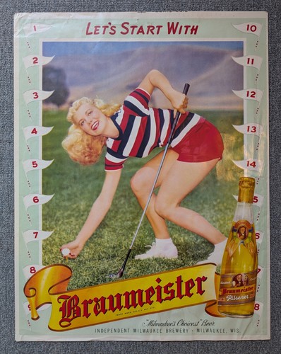 Vintage 1940's Braumeister Beer Lady Playing Golf Pin-up Advertisement Poster