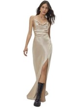 Nasty Gal Champagne Satin Cowl Neck Slit Thigh Criss Cross Back Slip Maxi