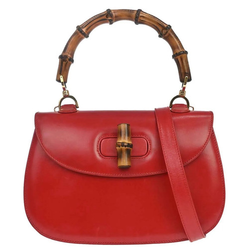 Gucci Vintage Convertible Bamboo Top Handle Leather Red Handbag