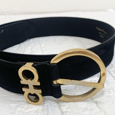 Salvatore Ferragamo Waist Belt Black Gold Double Gancini Leather