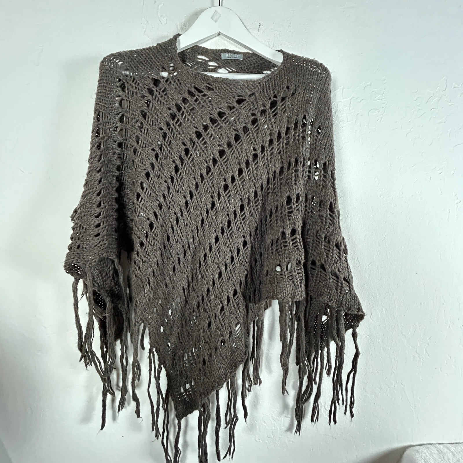 Per Una Womens Open Knit Poncho with Fringe Trim One Size Gray Made in Italy