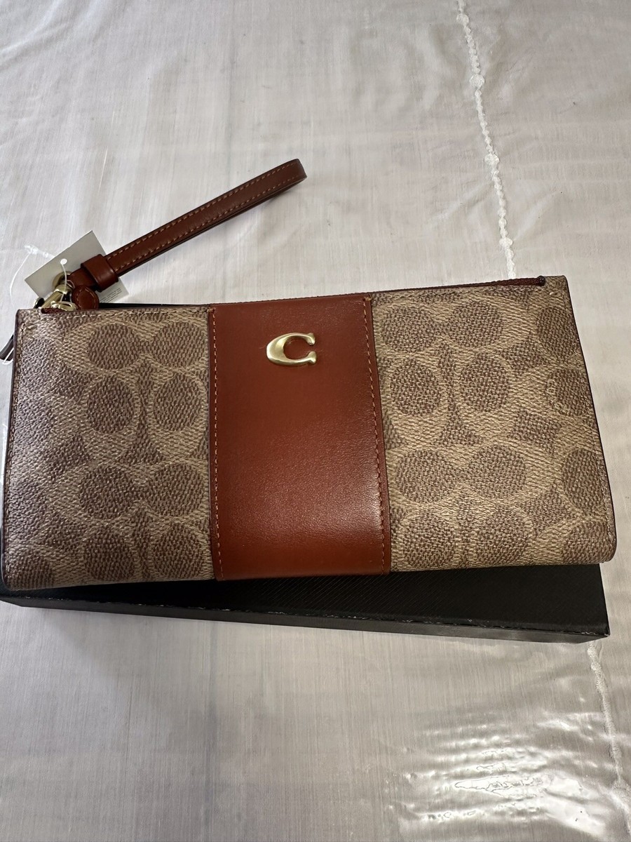 COACH DOUBLE ZIP SIGNATURE DOUBLE ZIP TAN RUST WALLET/ WRISTLET | eBay