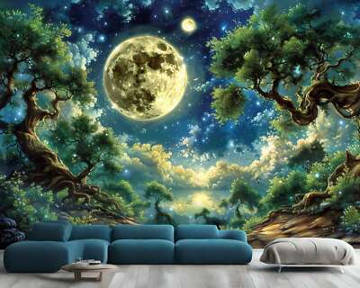 Waldszene unter Vollmond Tapete Wandbild abnehmbar abwaschbar abziehen & kleben