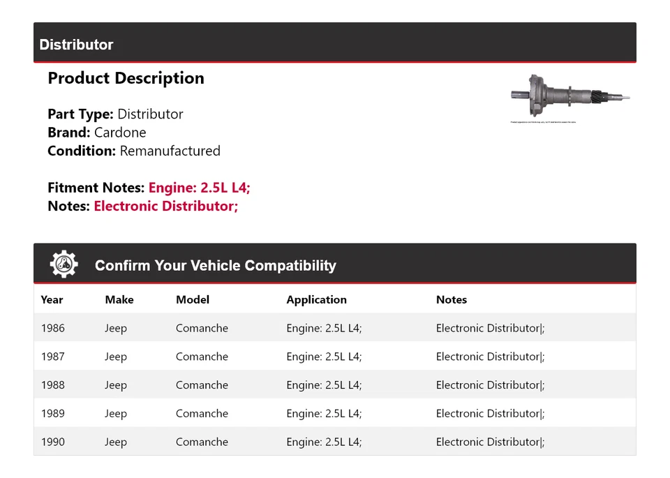 Jeep Comanche 1986-1990 2,5 L L4 distribuidor Cardone 1987 1988 1989 Foto 2 de 4