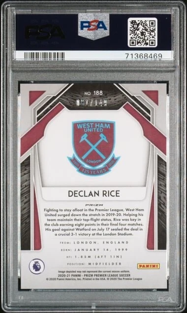 2020 Panini Prizm Premier League 188 Declan Rice Red Prizm PSA 10 /149 POP 1 - Image 2 of 2