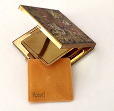 Volupte Vintage Powder Compact Gold Tone Painted Design Includes Powder Puff