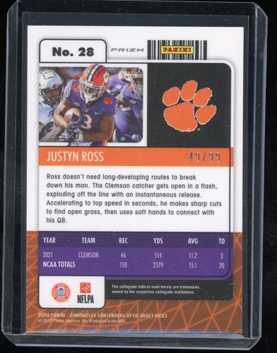 2022 Panini Chronicles Draft Pick JUSTYN ROSS CONTENDERS OPTIC RC Blue /99 - Picture 2 of 2