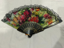 Folding Hand Fan Black Lace Multi Flower Color Design open size 16.5x9"