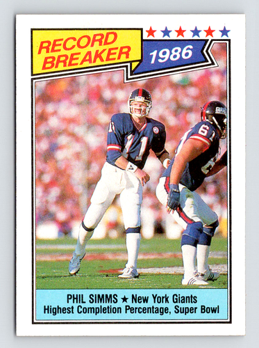 1987 Topps Card, #8 Phil Simms, Record Breaker, New York Giants Ring of ...