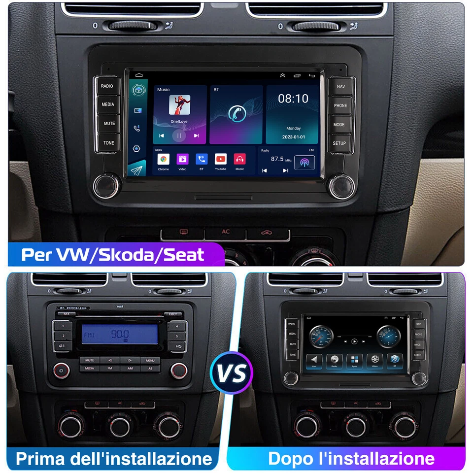 7" DAB+ Carplay Autoradio Android 14 GPS Camera Für VW GOLF 5 Plus Touran Tiguan - Immagine 4 di 4