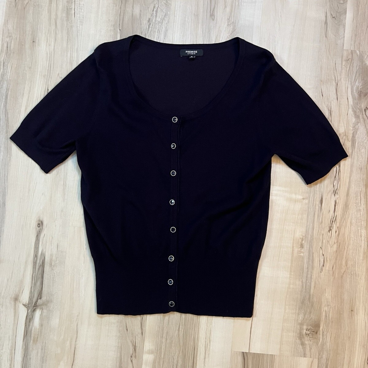 PREMISE Dark Nacy Blue Cardigan Sweater Rhinestone Button Women's Medium