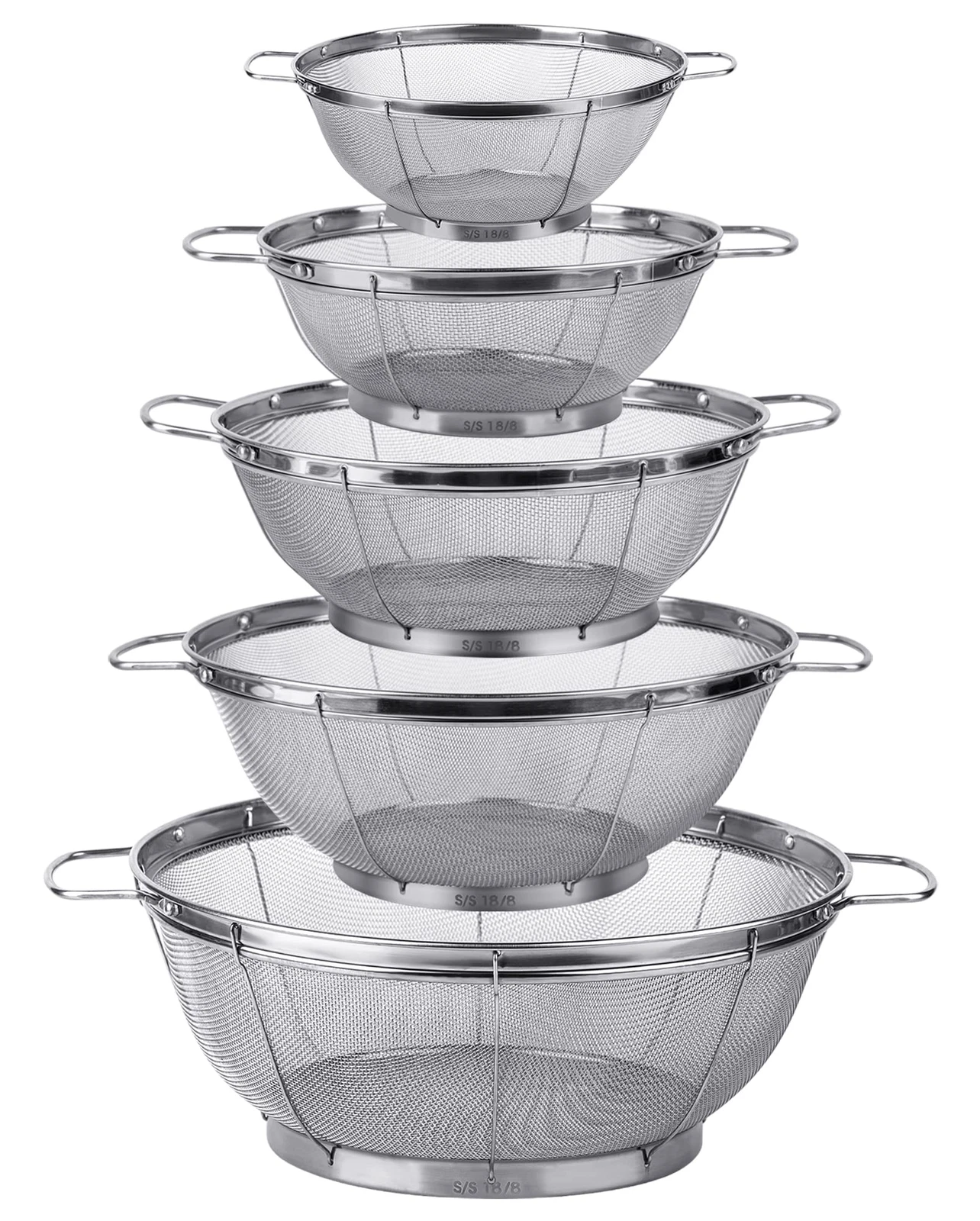 5 Pack 18/8 Stainless Steel Colander Sieves Multi Size Mesh Strainer Net Bask...