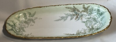 Limoges France Depose Green Leaves Gold Trim Porcelain 12'' Celery Dish