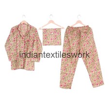 Indian Cotton PJs Suit Hand Block Flower Print Women Night Wear Dress CNS71