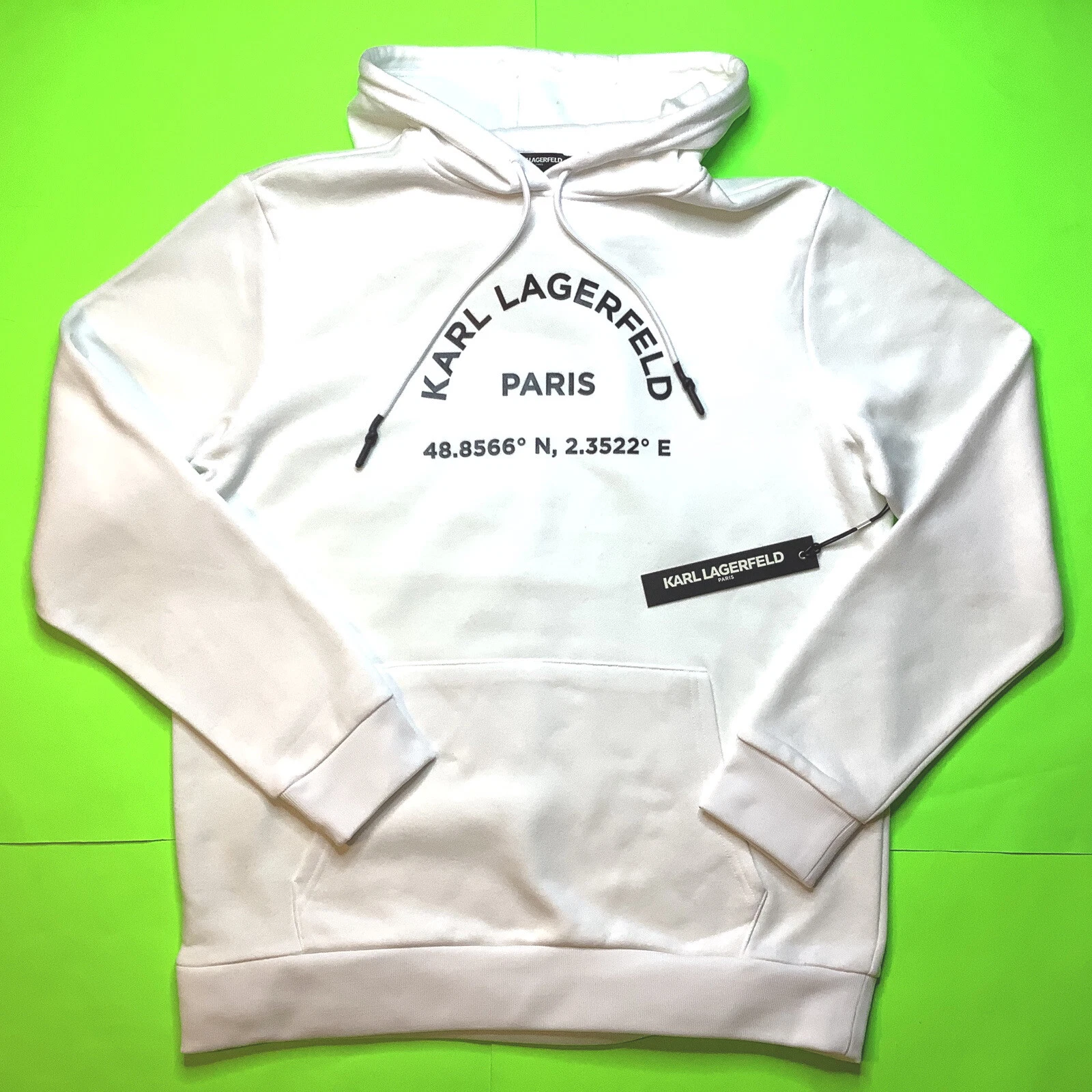 KARL LAGERFELD Men’s Long Sleeve Pullover Hoodie Paris X-LARGE White w/Black NEW