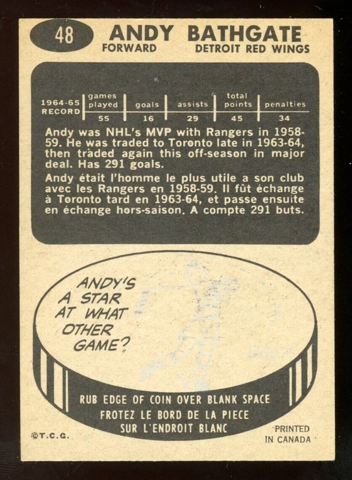 1965-66 TOPPS NHL HOCKEY #48 ANDY BATHGATE EX DETROIT RED WINGS Rangers Card - Image 2 of 2