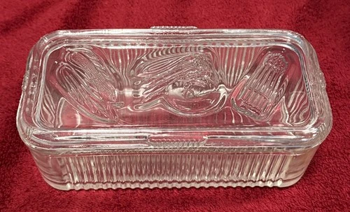 VTG Federal Glass Clear Ribbed Rectangular Refrigerator Dish w/ Lid Fruit Veggie